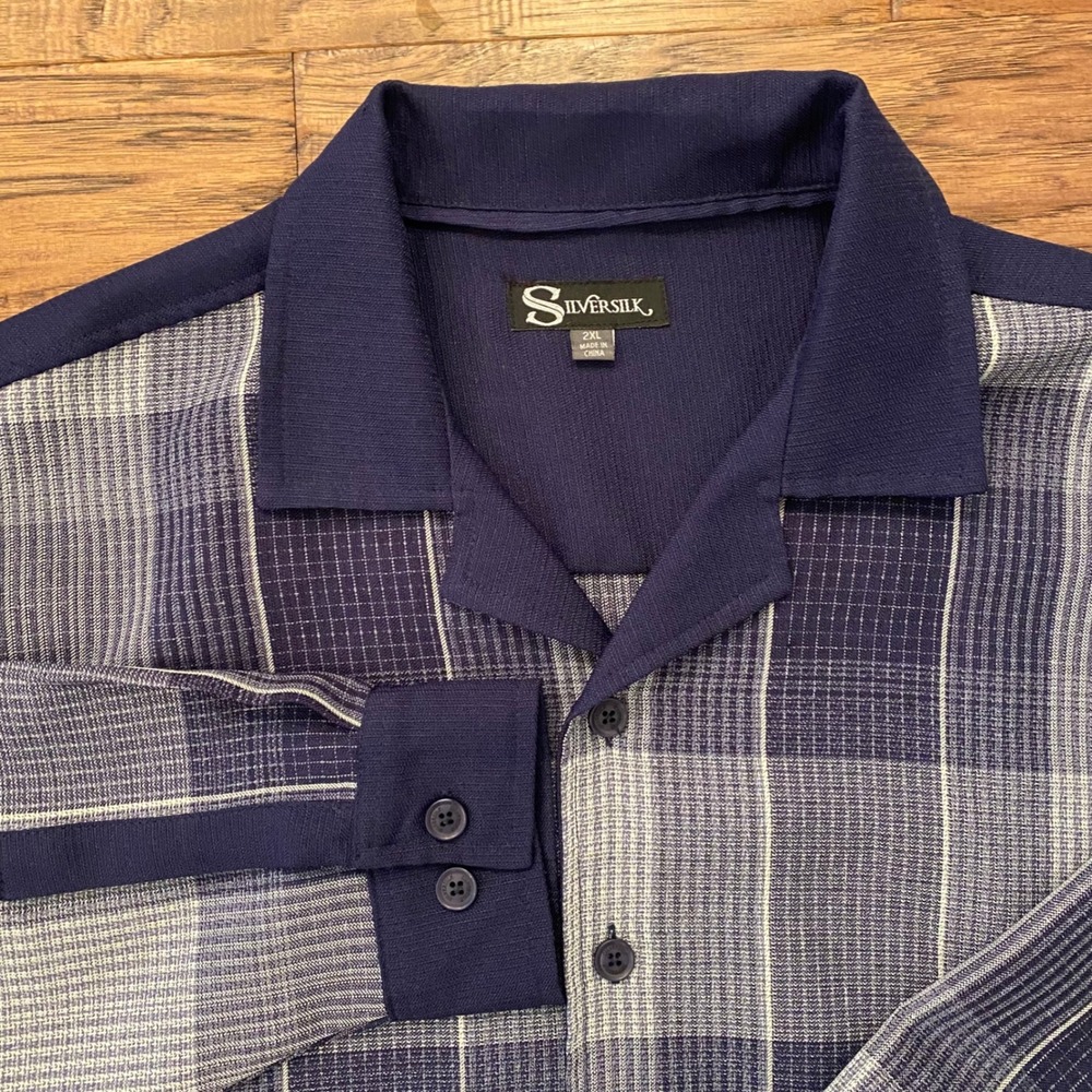 Silver Silk Plaid Knit Button Down Shirt Mens 2XL Navy Blue Grey Camp Collar